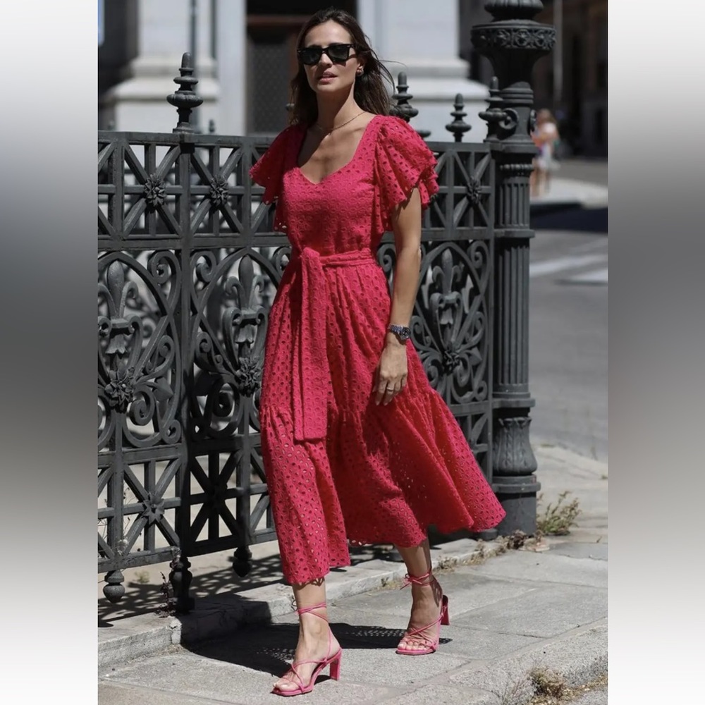 ZARA Hot Pink Eyelet Midi Ruffle Tier Dress Size Small Blogger Favorite